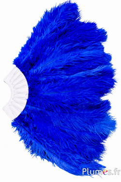 Waaier van struisvogelveren - 20 veren, wit leer - blauw